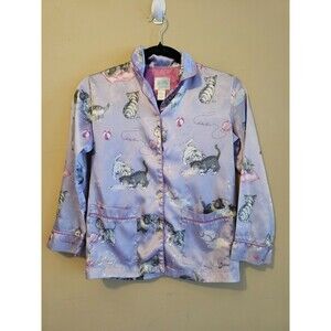 Nick & Nora Pajama Top Cat Print Button Front Shirt Satin  Size M